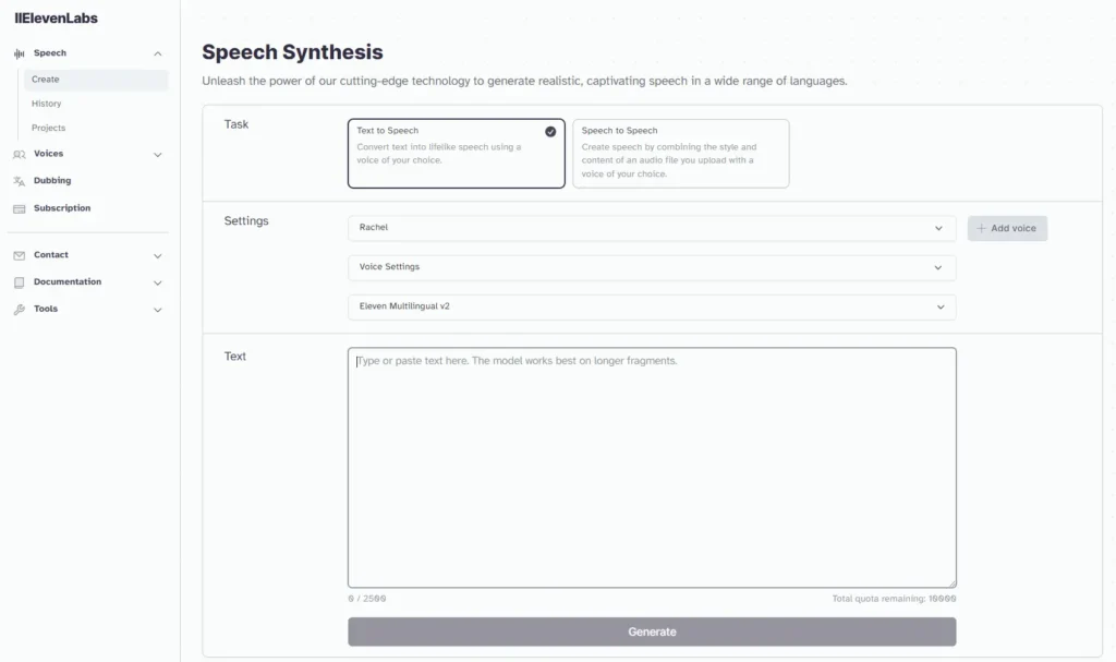 ElevenLabs Benutzeroberflaeche