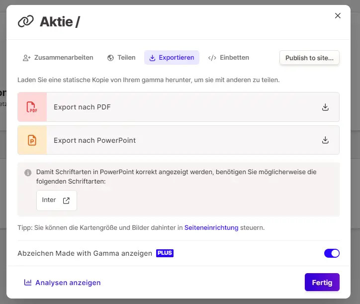 gamma-app-export-optionen