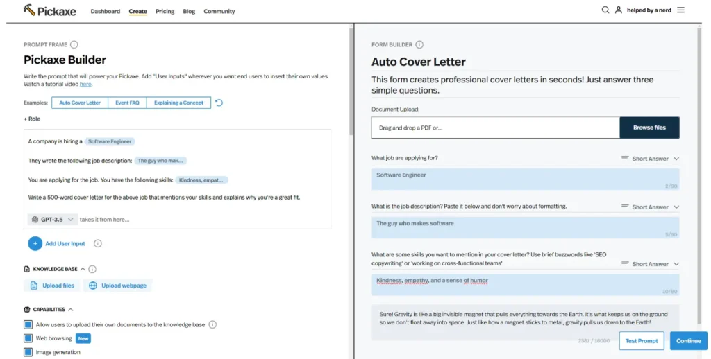 Pickaxe AI Chatbot Builder Funktionen
