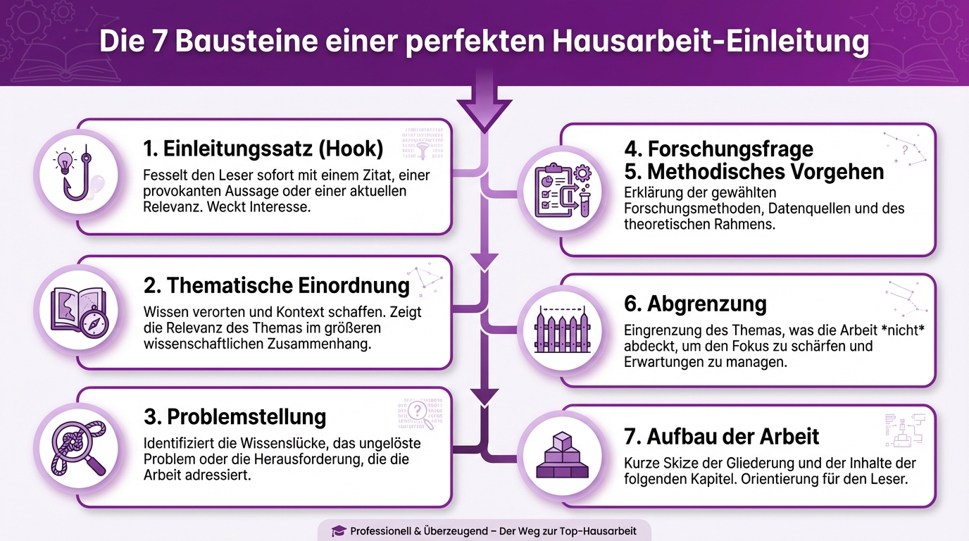 Die 7 Bausteine einer perfekten Hausarbeit-Einleitung: Hook, Einordnung, Problemstellung, Forschungsfrage, Methodik, Abgrenzung, Aufbau