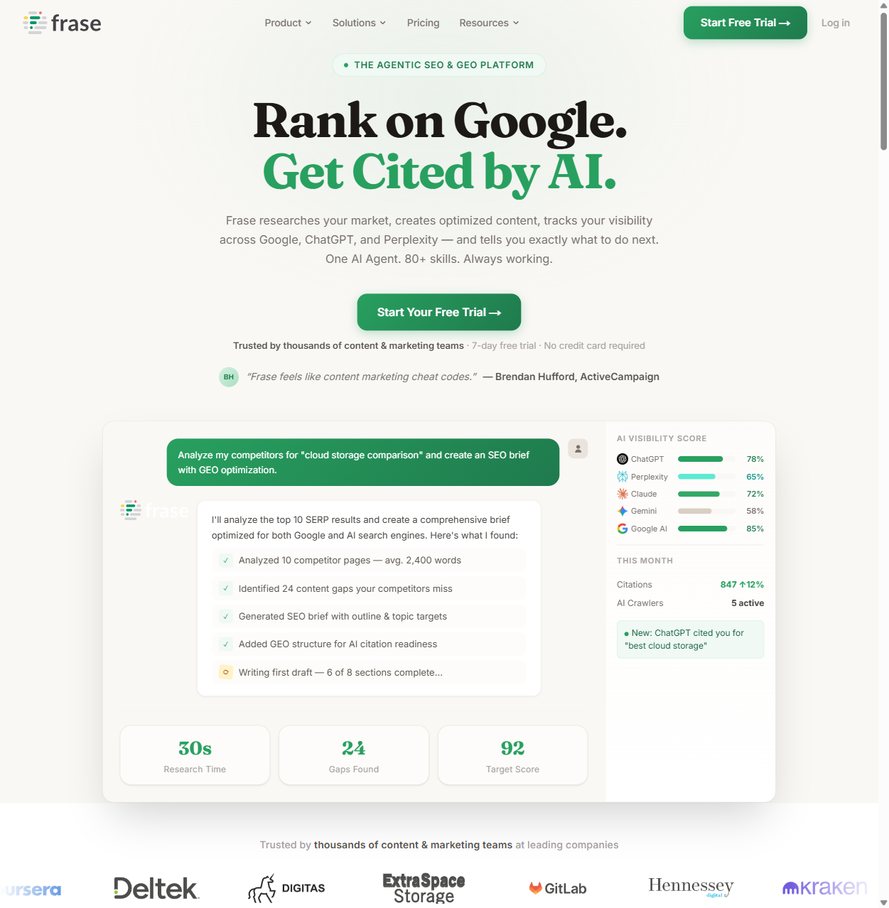 Frase.io Dashboard — KI SEO Tool Screenshot