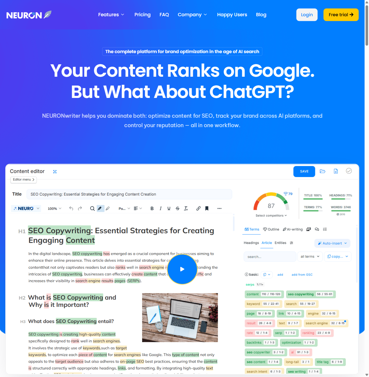 NeuronWriter Dashboard — KI SEO Tool Screenshot