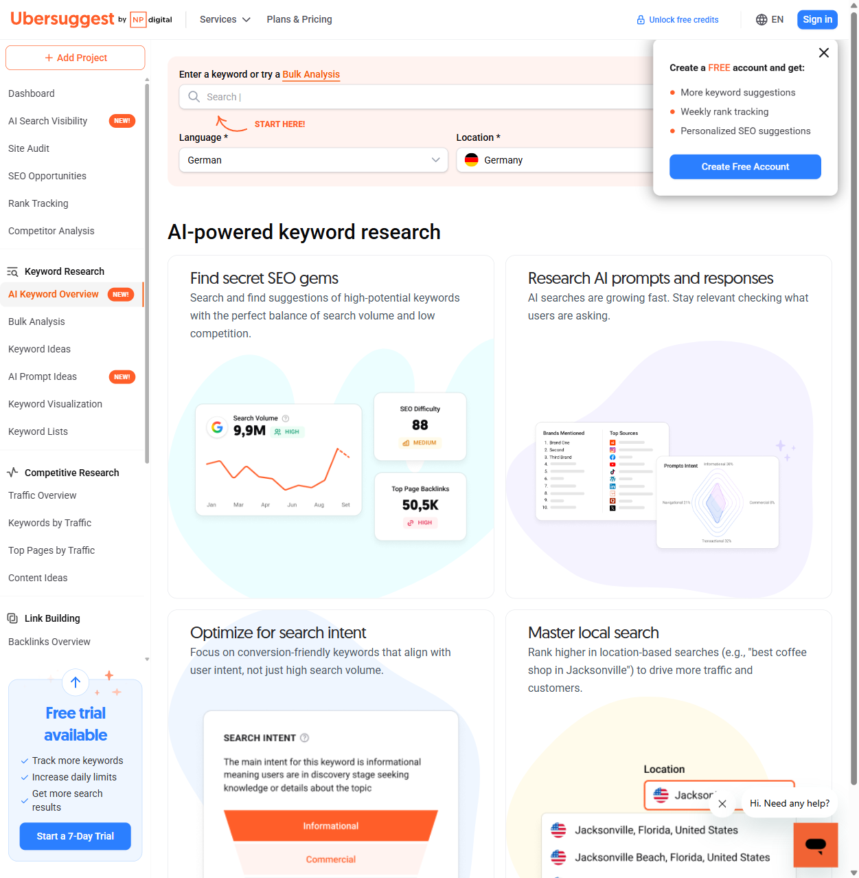 Ubersuggest Dashboard — KI SEO Tool Screenshot