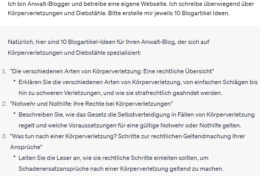 Blog Themen für Anwälte mit Hilfe von ChatGPT generiert