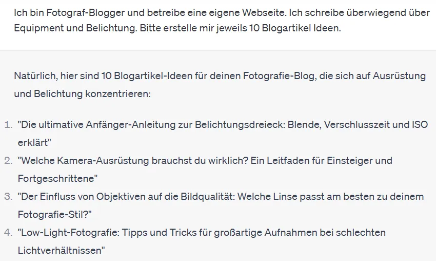 Blog Themen für Fotografen mit Hilfe von ChatGPT generiert