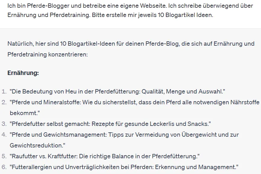 Blog Themen für Pferde Blogger mit Hilfe von ChatGPT generiert