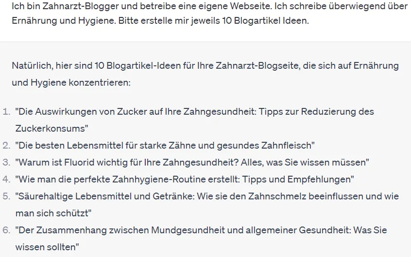 Blog Themen für Zahnärzte mit Hilfe von ChatGPT generiert
