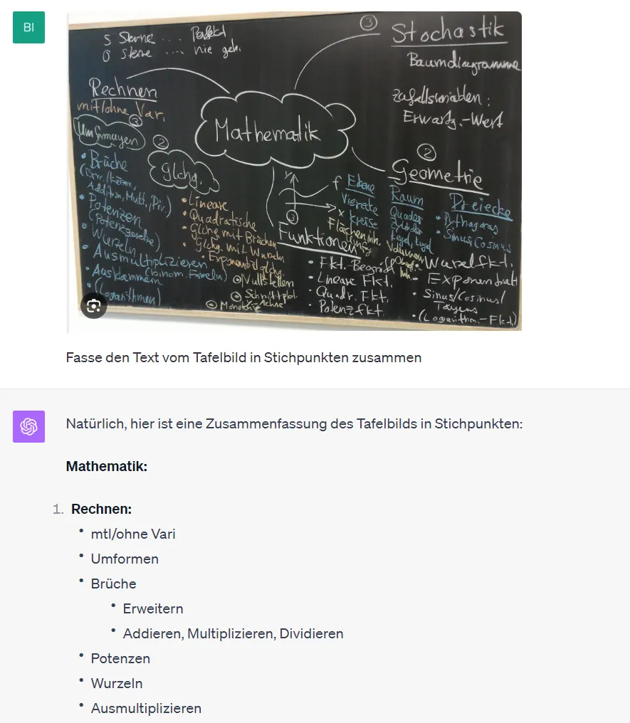 ChatGPT Bilderkennung um Tafelbilder zusammenzufassen