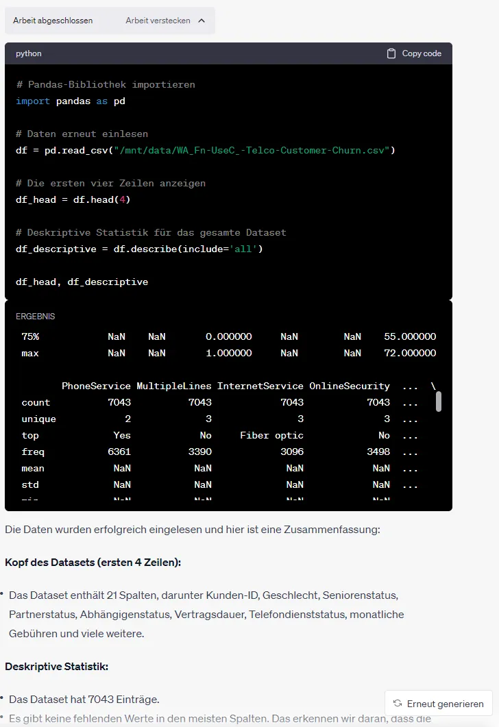 ChatGPT Code Interpreter führt Python Code aus