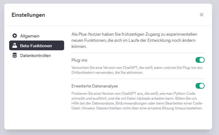 ChatGPT Code Interpreter in den Beta-Funktionen aktivieren
