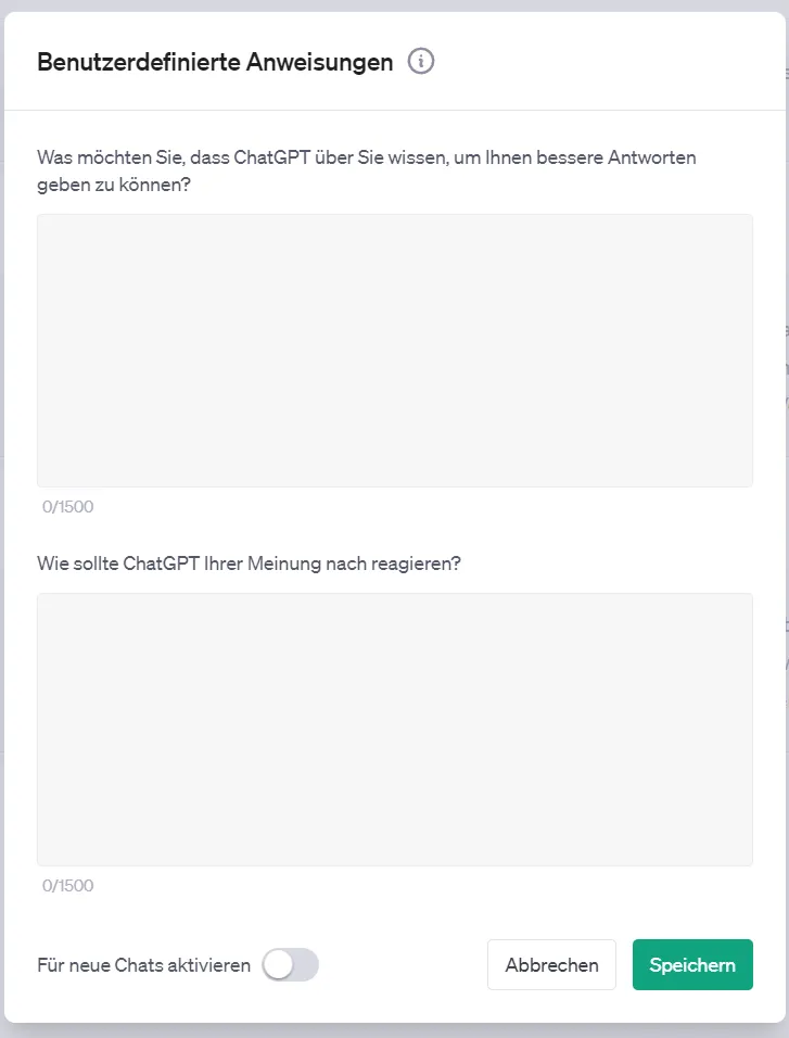 ChatGPT Custom Instructions Eingabe
