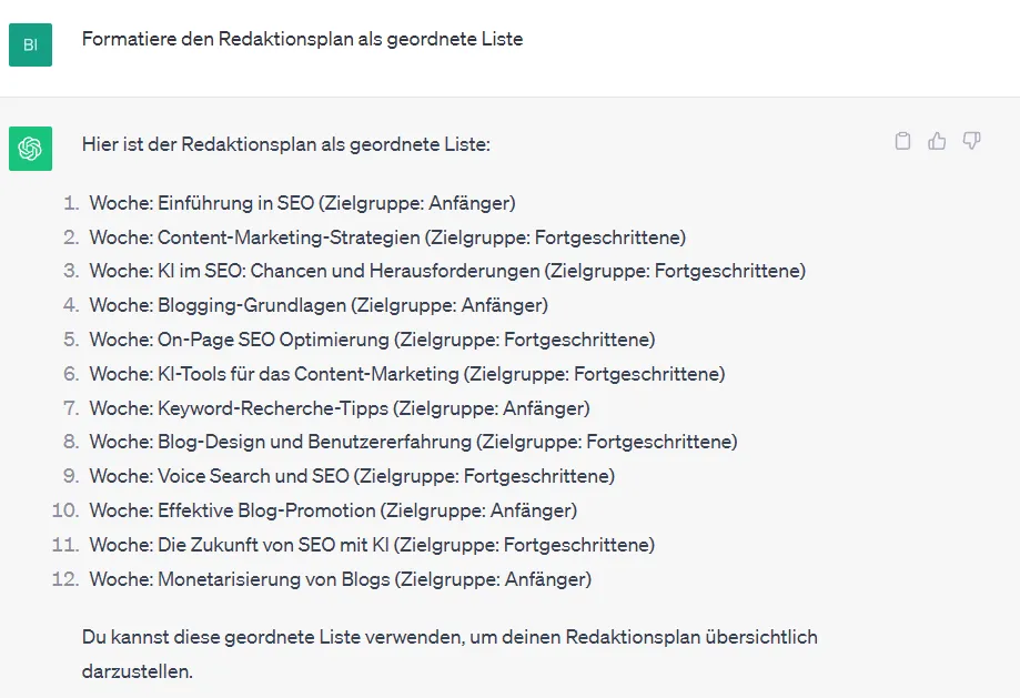ChatGPT Formatierung: Beispiel einer Liste
