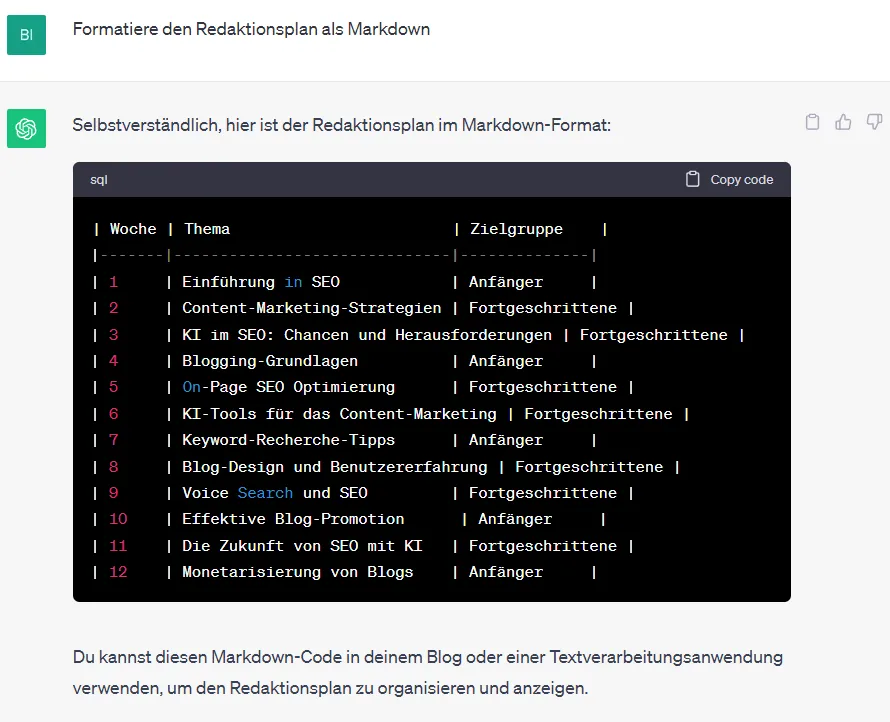 ChatGPT Markdown Ausgabe