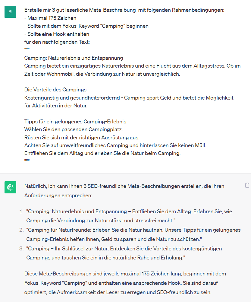 ChatGPT SEO Prompt Meta Beschreibung