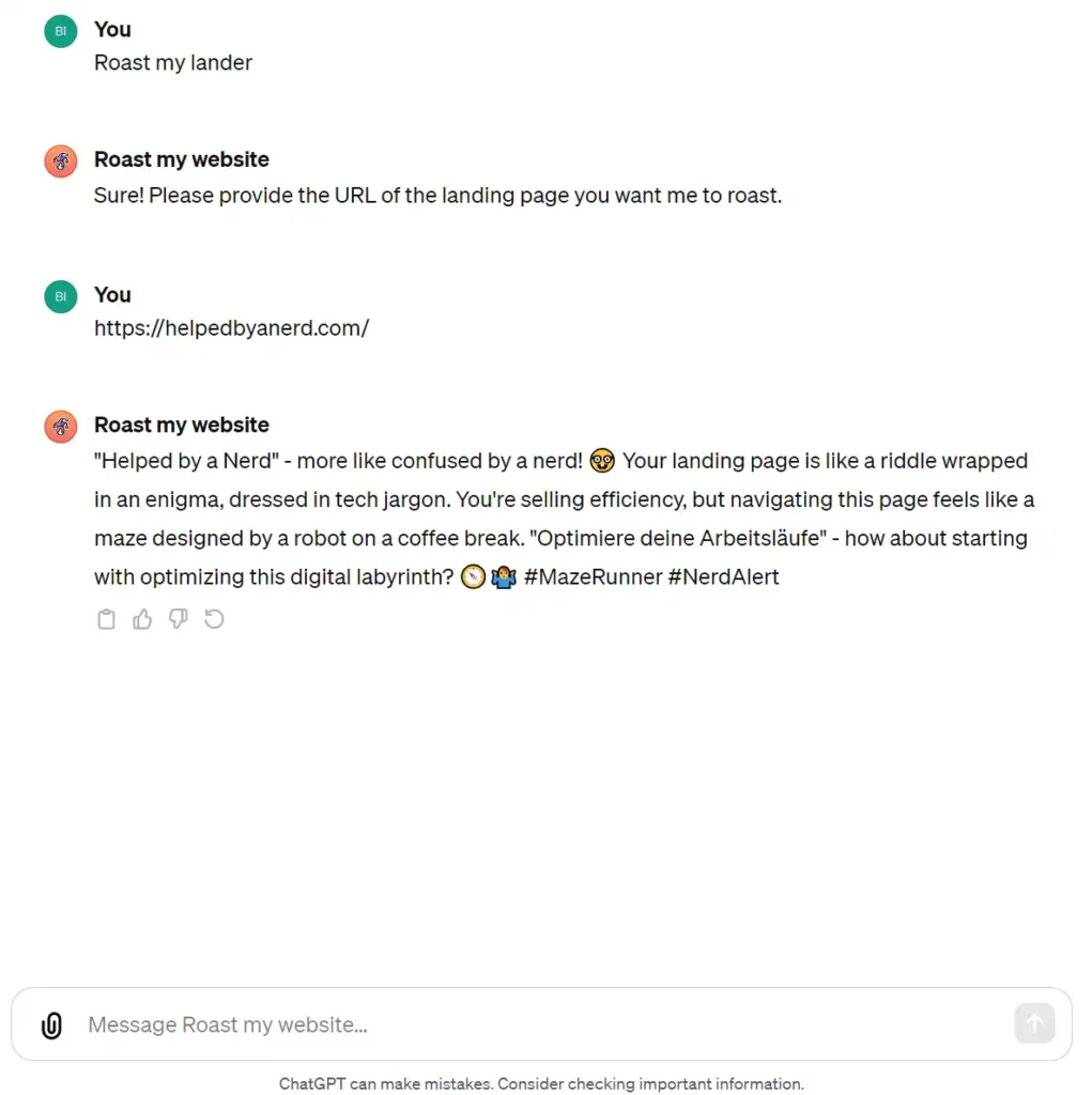 Custom GPT Roast My Website