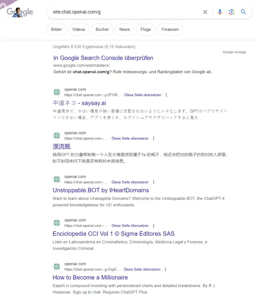 Custom GPTs finden in Google