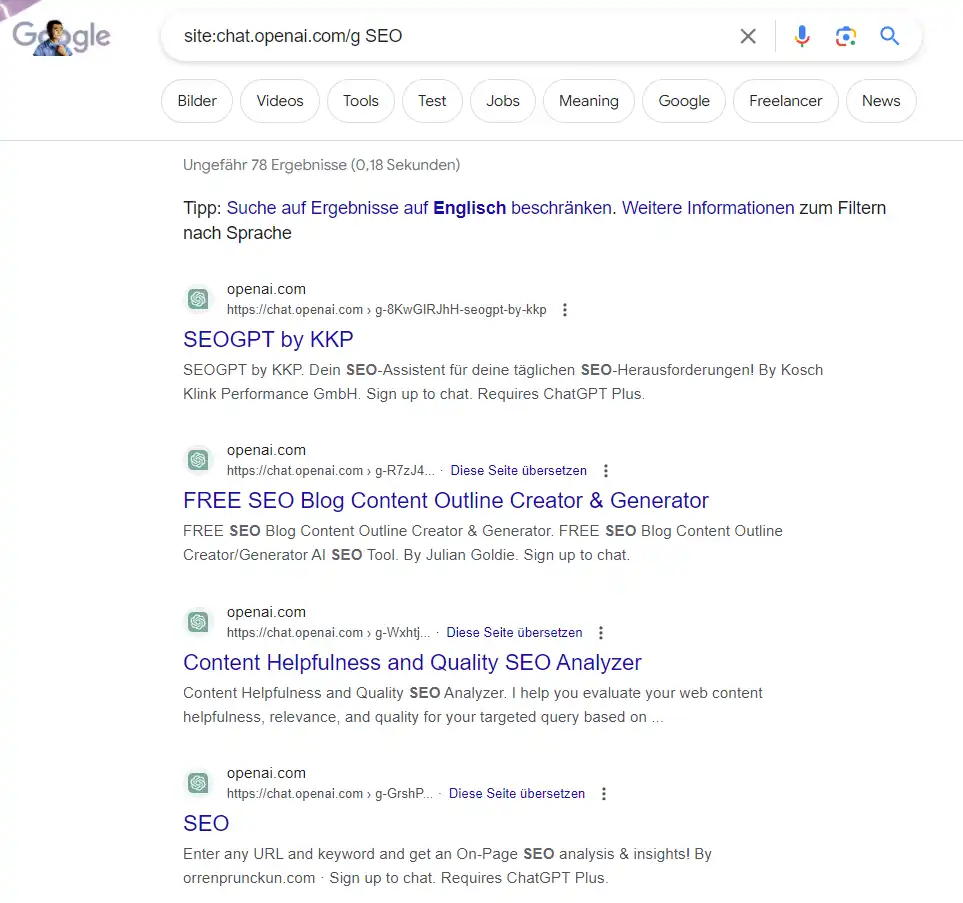 Custom GPTs finden in Google mit Filter